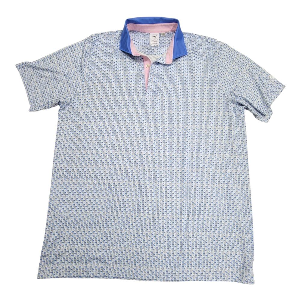 Puma Arnold Palmer Tea Time Golf Polo Shirt Mens L Blue Drink Iced Tea Print
